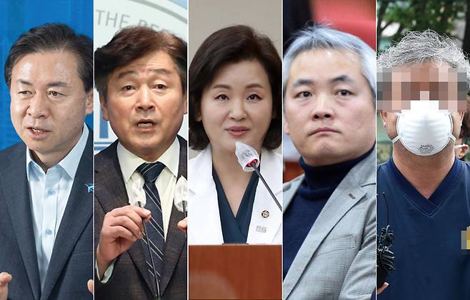 (왼쪽부터)김영춘 전 더불어민주당 의원, 기동민 더불어민주당 의원, 이수진 더불어민주당 의원(비례), 김갑수 전 열린민주당 부대변인, 이강세 전 스타모빌리티 대표 ⓒ시사저널 이종현, 박은숙, 최준필·연합뉴스·뉴시스