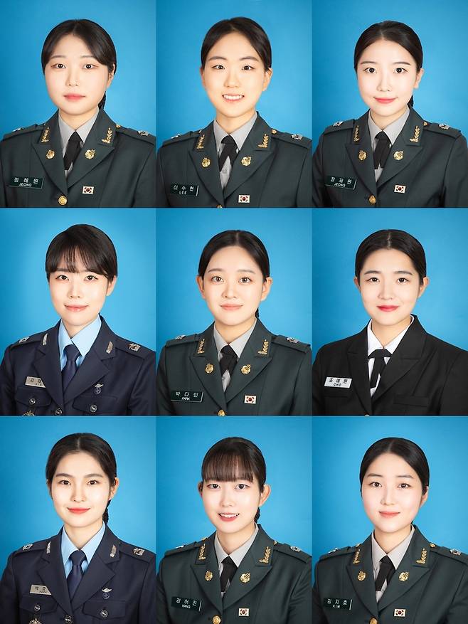 국군간호사관학교 63기 우등상 수상자들 (서울=연합뉴스) 왼쪽 위부터 국무총리상 정혜원 육군 소위, 국방부장관상 이수현 육군소위, 합동참모의장상 정재원 육군 소위, 연합군사령관상 김채희(둘째줄 왼쪽) 공군 소위, 육군참모총장상 박다인 육군 소위, 해군참모총장상 조예원 해군 소위, 공군참모총장상 박효정(셋째줄 왼쪽) 공군 소위, 국군의무사령관상 강어진 육군 소위, 국군간호사관학교장상 김지호 육군 소위. [국군간호사관학교 제공. 재판매 및 DB 금지]