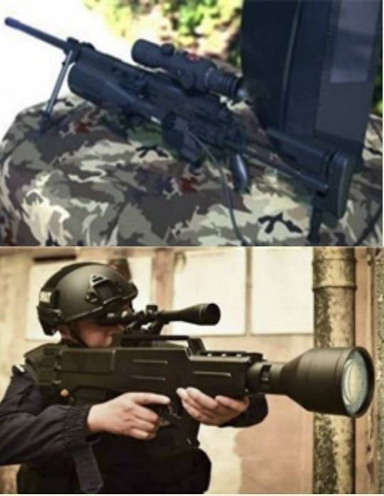 미국의 레이저 화기 ‘사일런트 세이버’(위)와 중국의 레이저 화기 ‘ZKZM-500’. 국방기술진흥연구소 제공