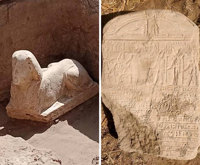 이집트 남부에서 발견된 석회암 스핑크스와 상형 문자가 새겨진 로마 시대 석판. 사진=이집트 고대유물부 페이스북