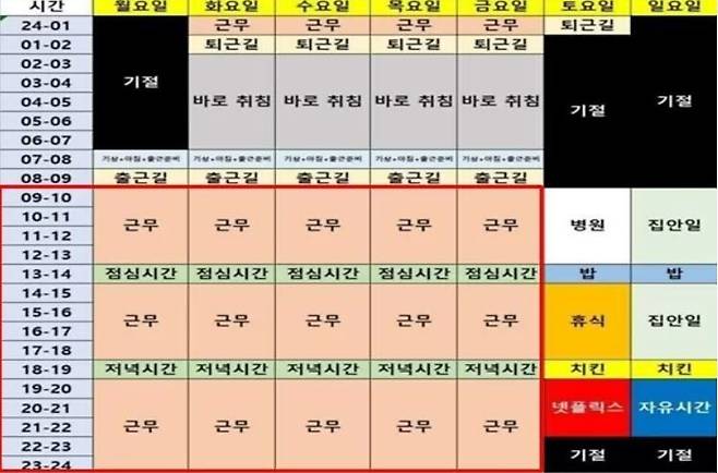 온라인에 떠도는 69시간 근무표. 자료 온라인 화면 갈무리