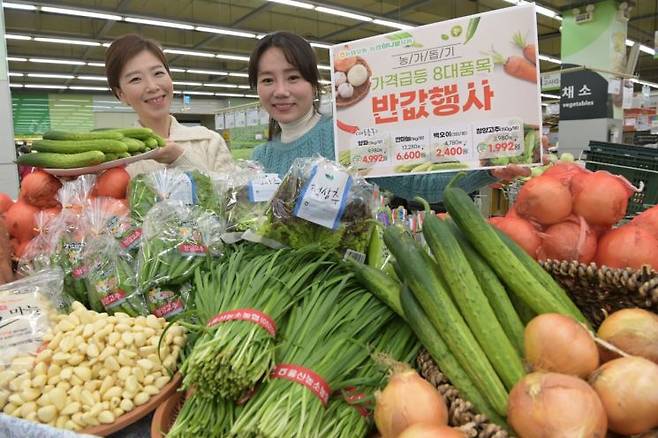 9일 서울 서초구 농협 하나로마트 양재점에서 직원들이 '가격 급등 채소 8대 품목 반값 할인 행사'를 알리고 있다[사진제공=농협유통].