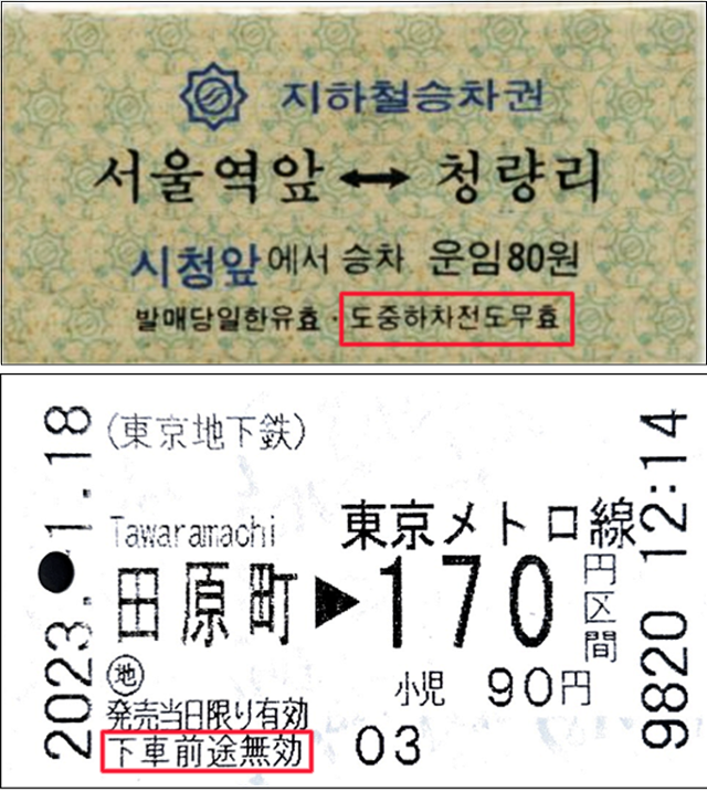 지하철 초창기 승차권(위)과 2023년 일본 도쿄 지하철 승차권