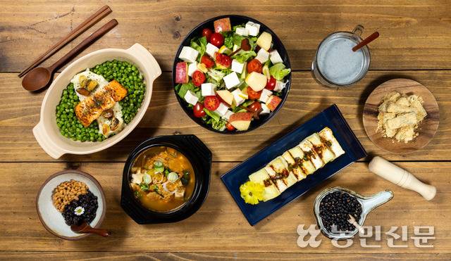 다양한 콩요리 사진들. 연어완두콩스테이크( 왼쪽 위부터 시계방향으로), 두부샐러드, 서리태콩물, 인절미, 쥐눈이콩과자, 두부부침, 청국장, 낫토. 현진 기자