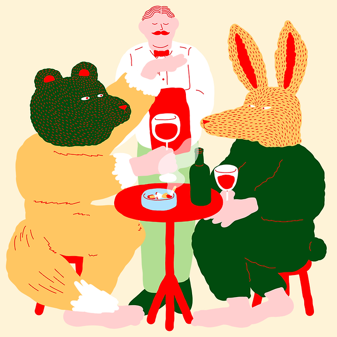 <친애하는 숙녀 신사 여러분>에서 ‘회원제 이탈리안 창작 초밥집’에 간 중년 남성은 함께한 젊은 여성에게 와인 지식을 한껏 뽐낸다.  일러스트 규하나 ·리드비 제공