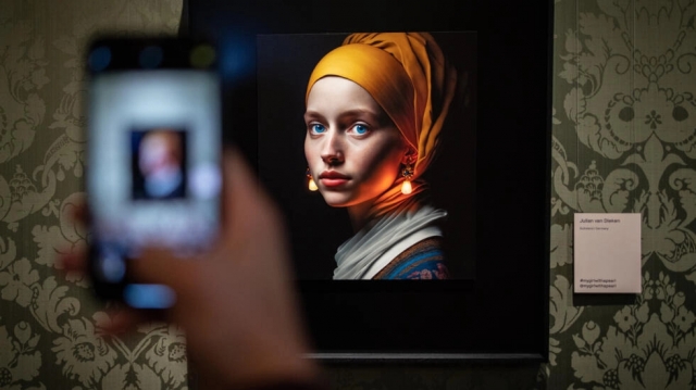 지난 9일(현지시간) 네덜란드 헤이그 마우리추이스 박물관에서 한 관람객이 AI로 제작한 작품을 촬영하고 있다. 이 그림은 요하네스 베르메르의 대표작인 ‘진주 귀걸이를 한 소녀’를 모방해 탄생했다. AFP 연합뉴스