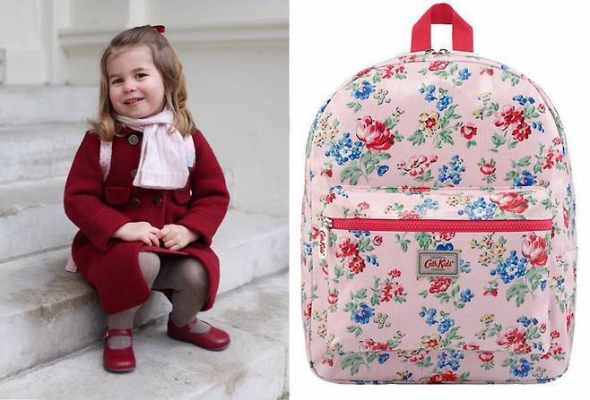 영국 왕위 계승서열 2위인 윌리엄 왕세자의 딸 샬럿 공주(당시 3살)가 2018년 첫 유치원 등원을 위해 나서는 모습(왼쪽). 당시 착용한 캐드키드슨 가방(우측). [사진 켄싱턴궁 트위터]