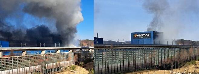 (왼쪽)13일 오전 9시 한국타이어 대전공장이 화재로 'Hankook'로고가 보이지 않을 만큼 연기가 피어오르고 있는 모습. (오른쪽) 그 후 6시간이 지난 오후 3시 진원지인 제2공장의 불길이 잡히면서 연기의 양이 많이 줄었다. 사진=명정삼.