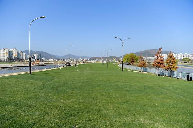 전남 순천시 동천 강변도로에 아스팔트를 걷어내고 만든 ‘그린 아일랜드’. 길이가 1㎞에 이르는 잔디광장이다. 순천시 제공.
