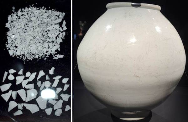 1995년 절도범이 일본 나라(奈良) 도다이지(東大寺) 간논인(觀音院)에 소장돼 있던 달항아리를 내동댕이쳐 무려 300여편으로 산산조각 났다. 오사카 시립동양도자미술관에 기증된 달항아리 파편은 복원과정을 거쳐 완벽한 형태로 재탄생했다. / 오사카 시립동양도자미술관 소장
