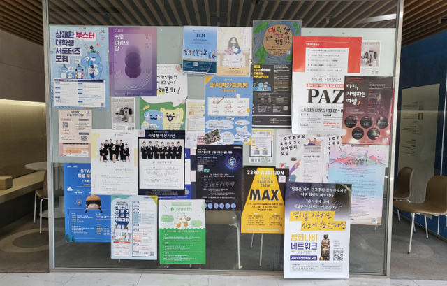 지난 13일 서울 용산구 숙명여대 교내 게시판에 동아리 부원 모집 홍보 포스터가 겹겹이 붙어있다. 독자 제공