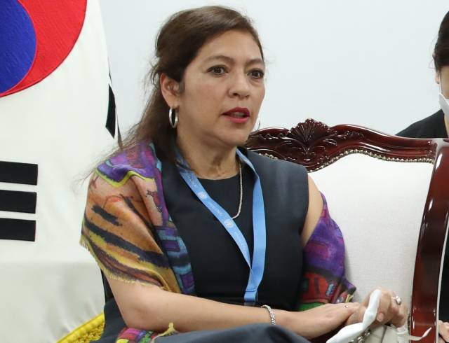 엘리자베스 살몬 유엔 북한인권특별보고관이 2022년 9월 2일 서울 종로구 정부서울청사 통일부 집무실에서 권영세 통일부 장관과 이야기를 하고 있다. 뉴시스