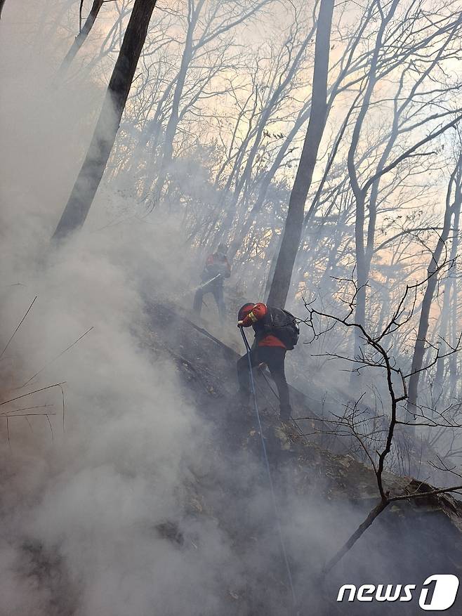 18일 오후 1시37분쯤 경북 고령군 다산면 송곡리의 한 야산에서 산불이 발생해 진화 대원이 진화를 하고 있다. (산림청 제공) 2023.3.18/뉴스1