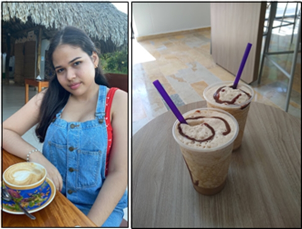 뜨거운 카푸치노를 즐겨 마시는 깔라오(왼쪽)와  그녀가 교내 카페에서 즐겨 마시는 커피 프로스티 (오른쪽). 출처: 깔라오 제공