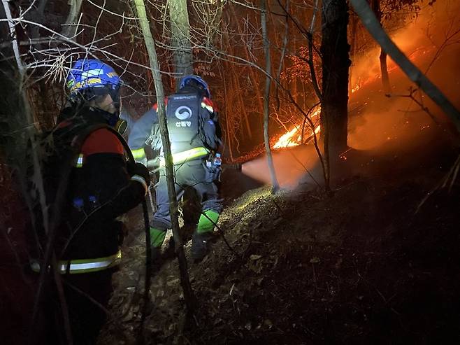 [순천=뉴시스] 이영주 기자 = 18일 오후 9시 20분께 전남 순천시 별량면 한 야산에서 불이 나 산림 당국이 진화 작업을 벌이고 있다. (사진 = 산림청 제공) 2023.03.18. photo@newsis.com *재판매 및 DB 금지