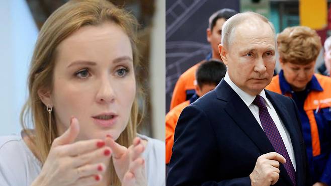 마리야 리보바-벨로바 러시아 대통령실 아동인권 담당 위원(왼쪽), 블라디미르 푸틴 러시아 대통령. /인스타그램, 로이터 연합뉴스