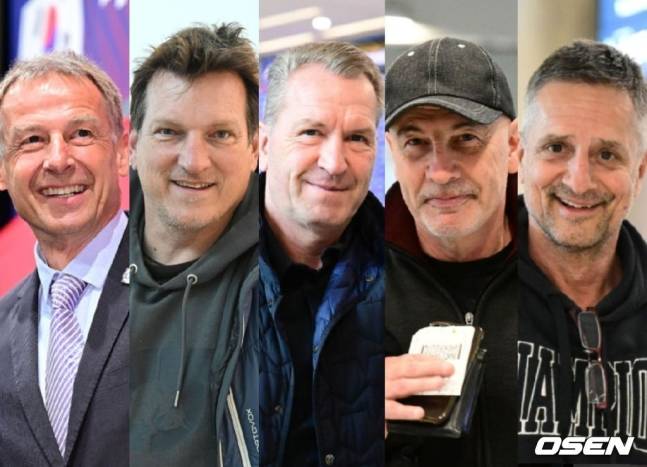 [사진] (왼쪽부터) 위르겐 클린스만 감독, 안드레아스 수석코치, 안드레아스 쾨프케 골키퍼 코치, 파올로 스트링가라 코치, 베르너 로이타드 피지컬 코치 / OSEN DB.