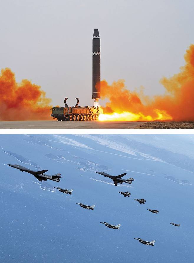 미국 전역을 사정권에 넣는 북한 화성-15형 대륙간탄도미사일(ICBM)이 이동식발사대에서 불을 뿜으며 발사되고 있다(위 사진). 북한 매체들은 이 미사일을 18일 오후 평양국제비행장에서 동해 공해상을 향해 고각 발사했다고 19일 보도했다. 북한의 도발 하루 뒤인 19일 한미 공군은 괌 기지에 있던 미 전략폭격기 B-1B와 전투기 10여 대를 한반도 상공에 띄우며 예정에 없던 연합 공중 훈련으로 즉각 맞대응에 나섰다(아래 사진). /조선중앙통신 연합뉴스·합동참모본부