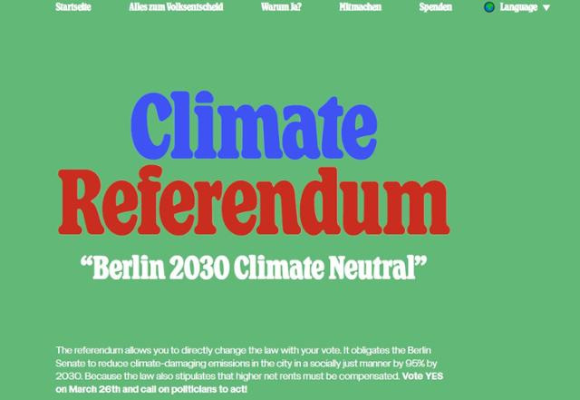 26일 실시되는 주민투표 참여를 독려하는 '기후 새로운 시작 이니셔티브'의 메시지. 베를린2030 홈페이지 캡처