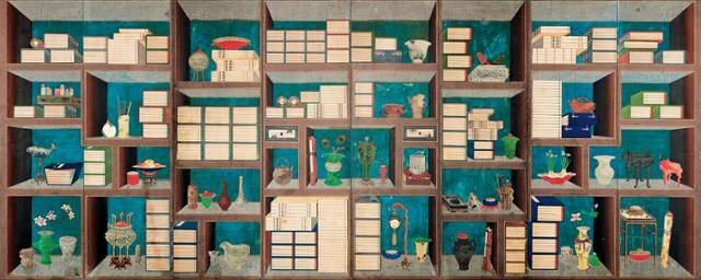 이응록, '책가도', 8폭 병풍, 19세기 조선, 개인 소장. 이응록은 이형록, 이응록, 이택균 순으로 개명한 조선시대 화원이다.