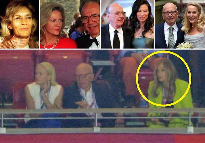 루퍼트 머독과 전 부인들. 위 사진 왼쪽부터 첫번째 부인 페트리샤 부커, 두번째 안나 머독 만, 세번째 웬디 덩, 네번째 제리 홀. 아래 사진은 루퍼트 머독이 지난달 미국 애리조나에서 열린 슈퍼볼 경기를 약혼자 앤 레슬리 스미스(오른쪽)와 두번째 부인 안나와의 사이에서 낳은 딸 엘리자베스(왼쪽)와 함께 관람하고 있는 모습. [로이터·게티이미지]