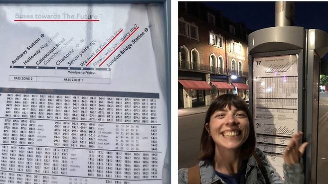 로리 오키프가 여자친구 샬럿 에이미(오른쪽)에 청혼하기 위해 설치한 '가짜 버스시간표'(왼쪽).&nbsp;누알라 맥거번 트위터 캡처