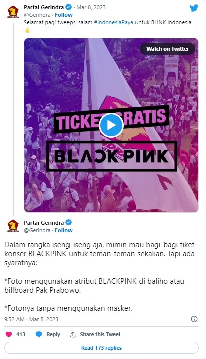 인도네시아 야당인 그린드라당은 SNS를 통해 자카르타에서 열리는 블랙핑크 월드투어 ‘본 핑크’ 공연 티켓을 추첨을 통해 증정하는 캠페인을 진행했다. 8일(현지시간) 트위터 캡쳐