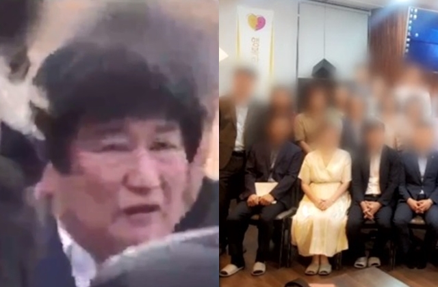 JMS 정명석 총재. 오른쪽 사진은 주요 인사들을 관리하고 선교하는 JMS 엘리트 조직 '행복한 사람들'. JTBC 보도화면 캡처