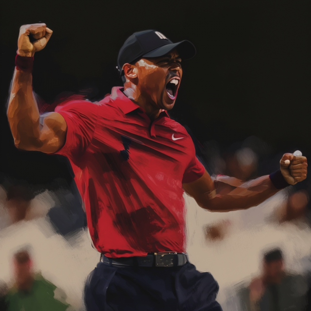 2019년 타이거 우즈의 마스터스 우승 세리머니. 일러스트=미드저니