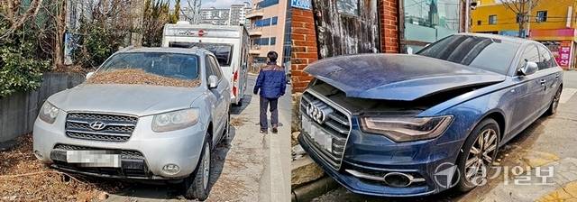 경기도내 주택가 및 도로 곳곳에 장기간 방치된 차량으로 인해 주민들이 불편을 호소하고 있다. 사진은 오산시 경기대로(왼쪽)와 수원특례시 팔달구 도로변에 방치된 차량. 오민주기자