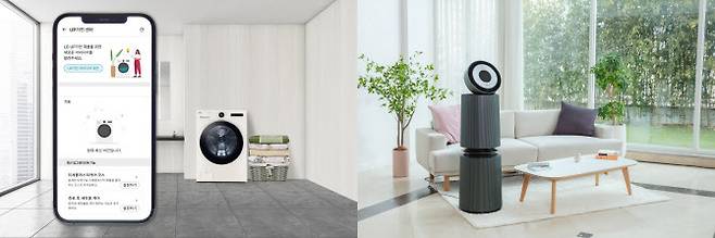LG전자가 업(UP)가전 세탁기에 적용한 미세플라스틱 배출 저감 ‘미세플라스틱 케어 코스’(왼쪽)와 2023년형 ‘LG 퓨리케어 360° 공기청정기 알파’. (사진=LG전자)