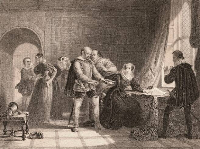스코틀랜드의 메리 여왕, 1567년 로클레븐 성에서 여왕의 자리에서 물러날 것을 강요받다. 위키피디아 제공
