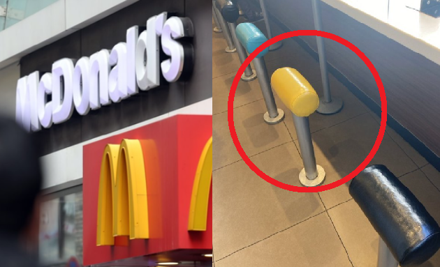 맥도날드 매장(왼쪽)과 논란이 되고 있는 의자(오른쪽). /사진=연합뉴스, 트위터 갈무리