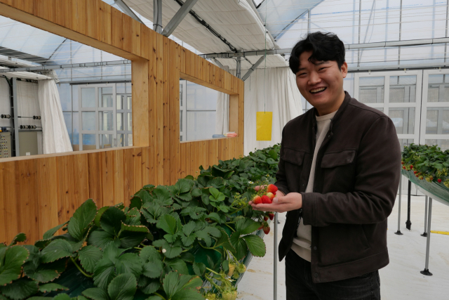 안은규 서울시농업기술센터 치유농업팀 주무관이 치유농업의 소재로 쓰이는 딸기를 손에 든 채 웃고 있다.