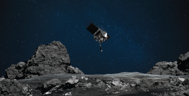 2020년 소행성 ‘베누’에 접근 중인 우주탐사선 ‘오시리스-렉스’의 상상도. 미국 항공우주국(NASA) 제공