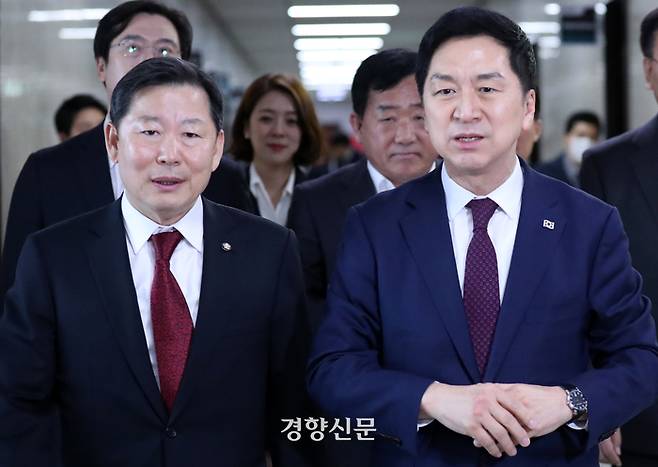 김기현 국민의힘 대표, 이철규 사무총장, 박성민 전략기획부총장, 배현진 조직부총장 등이 13일 국회에서 한덕수 국무총리를 면담을 하기 위해 입장하고 있다. 박민규 선임기자