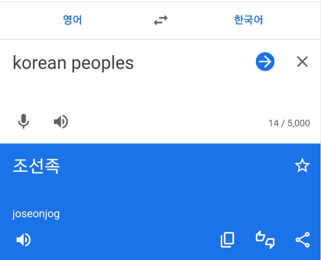 28일 오전 구글 번역기에 'korean peoples'를 한국어로 번역하면 '조선족'으로 결과가 나오고 있다. 현재 구글은 해당 번역을 '한민족'으로 수정했다. 서경덕 교수 페이스북 캡처