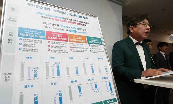 김상협 2050 탄소중립녹색성장위원회 민간위원장이 3월21일 오전 세종시 정부세종청사에서 열린 국가 탄소중립 녹색성장 기본계획 관련 국무조정실, 기획재정부, 환경부, 국토교통부, 과학기술정보통신부 등 관계부처 합동브리핑에서 발언하고 있다.ⓒ연합뉴스