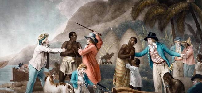 가디언지는 28일(현지시간) 창립자의 노예제 연루 사실을 공개 사과했다. 사진은 가디언이 자사 창립자를 비롯한 19세기 영국 사업가들의 노예 착취 역사를 설명하는 동영상에서 캡처한 당시 현실을 묘사한 그림이다. 가디언 홈페이지 캡처