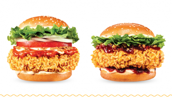 맘스터치 4월 신메뉴 탄두리싸이버거(왼쪽)와 마라싸이버거(오른쪽). 맘스터치 홈페이지 캡처