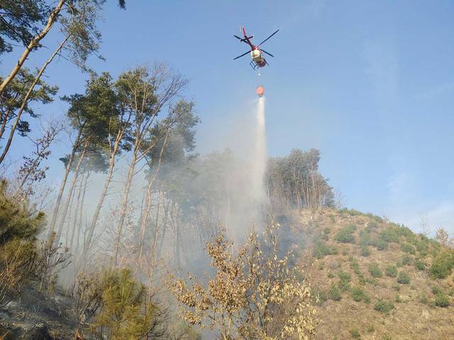 ▲ 강원 전역에 건조주의보가 내려진 30일 오후 4시 7분께 횡성군 청일면 신대리에서도 산불이 나 산림 당국 등이 진화작업을 벌이고 있다. 2023.3.30 [횡성소방서 제공]