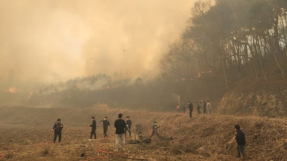 3일 오전 충남 홍성 서부면 신촌마을에서 강한 바람을 타고 불길이 번지면서 진화에 나섰던 인력과 장비가 급하게 철수하고 있다. 신진호 기자