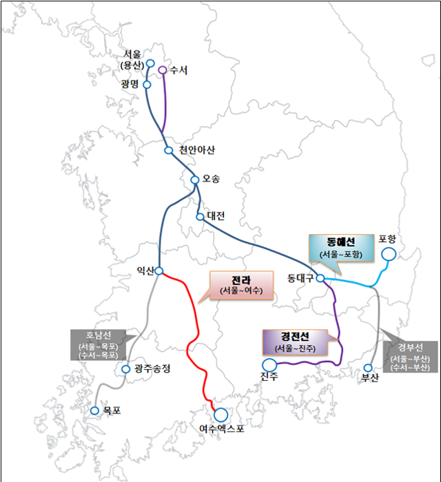 수서고속철도(SRT) 운행 노선도. 국토교통부 제공