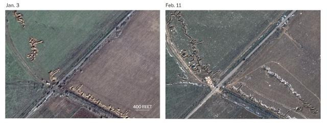 미국 상업위성업체 '맥사 테크놀로지'의 위성사진을 분석한 결과, 지난 1월 소수에 불과했던 러시아 점령지 크림반도 메드베디우카 지역의 참호(왼쪽 사진)가 한 달 뒤 두 배 이상 증가(오른쪽 사진)한 것으로 나타났다. 미국 워싱턴포스트 홈페이지 캡처