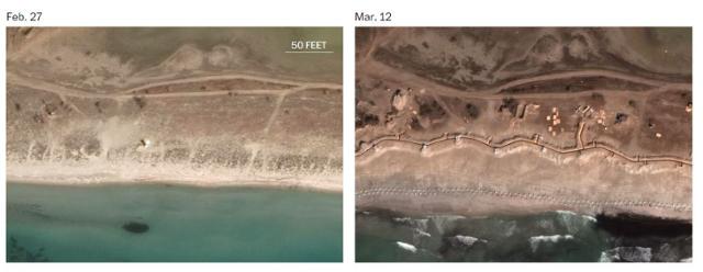미국 상업위성업체 '맥사 테크놀로지'의 위성사진 분석 결과, 올해 2월까지만 해도 군사시설이 전무하던 러시아 점령지 크림반도 서부 비티노 해안(왼쪽 사진)에 지난달 참호와 군사 시설이 대거 들어선 사실(오른쪽 사진)이 확인됐다. 미국 워싱턴포스트 홈페이지 캡처