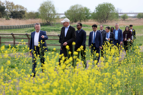 A delegation from the Bureau International des Expositions (BIE) walks Eulsukdo, a river island known for its role as a sanctuary of migratory birds, Tuesday afternoon. [YONHAP]