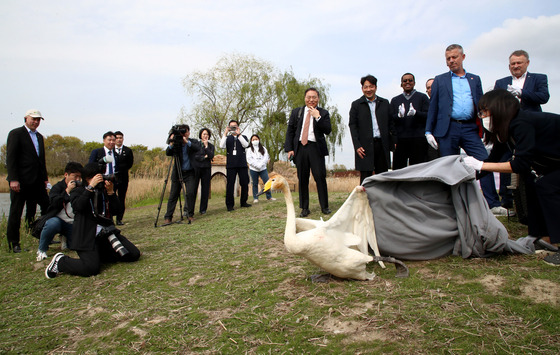 The BIE delegation participates a program where a captured bird was set free on Tuesday at Eulsukdo. [YONHAP]