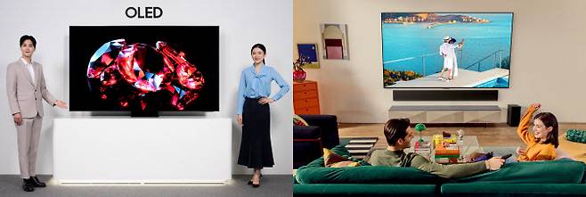 삼성전자 OLED TV(왼쪽)와 LG전자 올레드 에보. (사진=각 사)