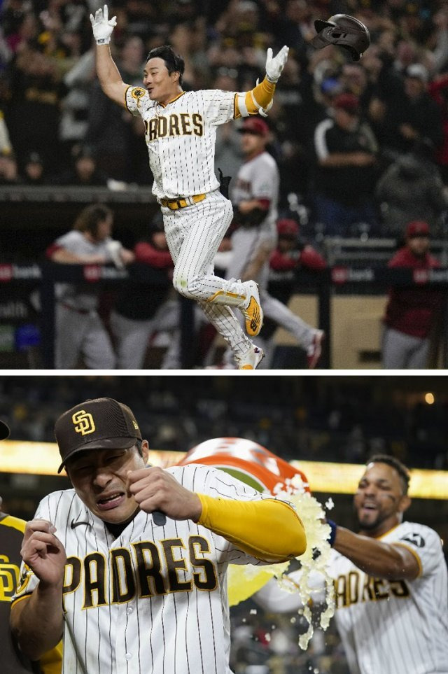 김하성(샌디에이고)이 4일 애리조나와의 미국프로야구 메이저리그(MLB) 안방경기에서 MLB 데뷔 후 첫 끝내기 홈런을 친 뒤 기뻐하고 있다. 김하성은 4-4 동점이던 9회말 상대 마무리 스콧 맥거프를 상대로 왼쪽 담장을 넘어가는 홈런(시즌 1호)을 날렸다. 아래 사진은 김하성(왼쪽)이 팀 동료 산더르 보하르츠로부터 스포츠음료 세례를 받는 모습. 샌디에이고=AP 뉴시스