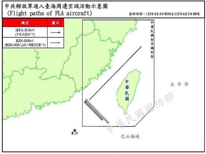 인민해방군 군용기의 대만 주변 공역 활동 상황도 [대만 국방부 제공, 재판매 및 DB 금지]